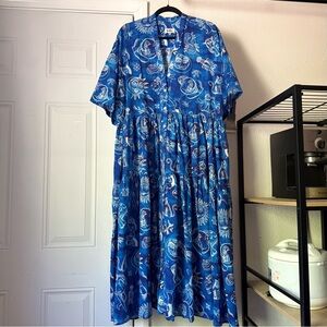 HEINUI blue zodiac babydoll cotton short sleeve midi dress